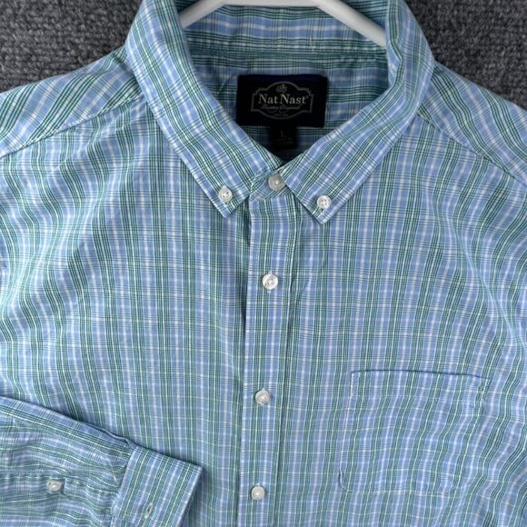Nat Nast Button Up Shirt Mens Large Long Sleeve Cotton Green Blue Plaid Adult - Picture 1 of 10